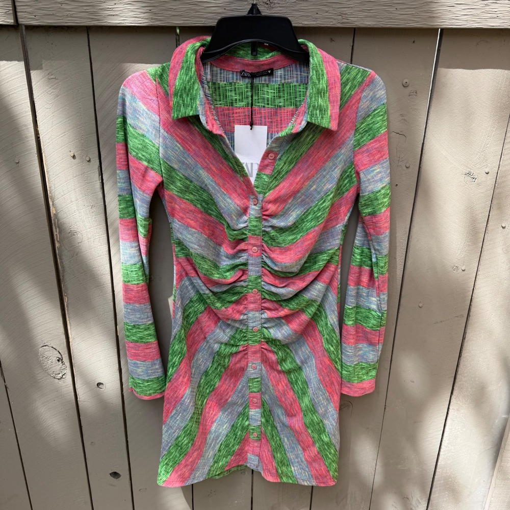 Zara Womens M Striped Ruched Knit Mini Dress Green Pink Long Sleeve Preppy Retro